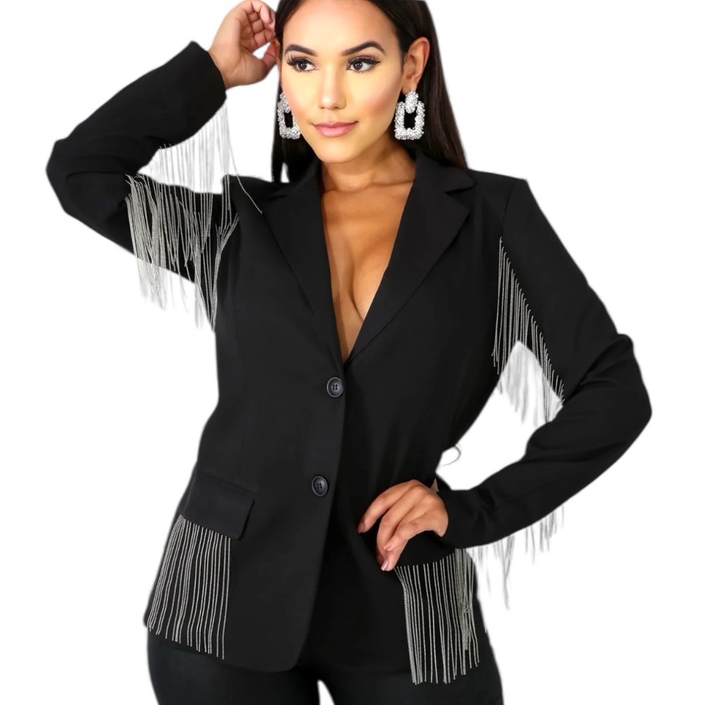 Black & Sparkling Silver Fringe Hourglass Blazer